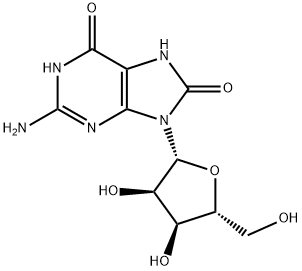 2-アミノ-9-[(2R,3R,4S,5R)-3,4-ジヒドロキシ-5-(ヒドロキシメチル)オキソラン-2-イル]-6,7,8,9-テトラヒドロ-1H-プリン-6,8-ジオン 化学構造式