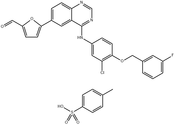 2-Furancarboxaldehyde,5-[4-[[3-chloro-4-[(3-fluorophenyl)Methoxy]phenyl]aMino]-6-quinazolinyl]-, Mono(4-Methylbenzenesulfonate) Structure