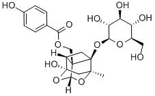 [[(1aR)-3aβ,5,5aβ,5b-テトラヒドロ-5β-ヒドロキシ-5bβ-[[(4-ヒドロキシベンゾイル)オキシ]メチル]-2-メチル-2α,5-メタノ-3,4-ジオキサ-1H-シクロブタ[cd]ペンタレン]-1aβ(2H)-イル]β-D-グルコピラノシド 化学構造式