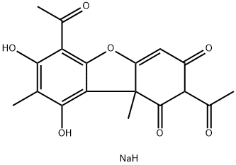 2,6-ジアセチル-7,9-ジヒドロキシ-8,9b-ジメチルジベンゾフラン-1,3(2H,9bH)-ジオン/ナトリウム,(1:x) 化学構造式
