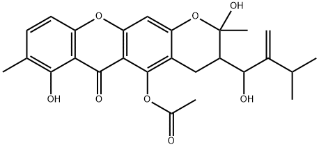 5-Acetoxy-3,4-dihydro-2,7-dihydroxy-3-(1-hydroxy-3-methyl-2-methylenebutyl)-2,8-dimethyl-2H,6H-pyrano[3,2-b]xanthen-6-one 结构式