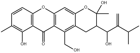 3,4-ジヒドロ-2,7-ジヒドロキシ-5-ヒドロキシメチル-3-(1-ヒドロキシ-3-メチル-2-メチレンブチル)-2,8-ジメチル-2H,6H-ピラノ[3,2-b]キサンテン-6-オン 化学構造式