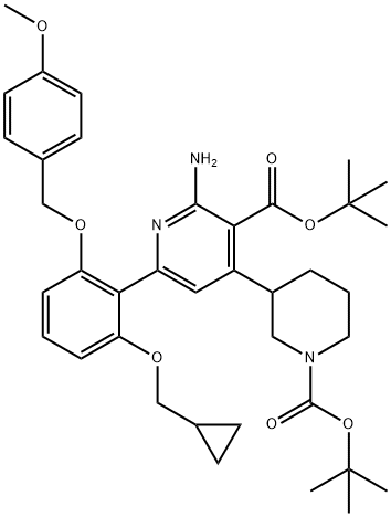 3-Pyridinecarboxylic acid, 2-amino-6-[2-(cyclopropylmethoxy)-6-[(4-methoxyphenyl)methoxy]phenyl]-4-[1-[(1,1-dimethylethoxy)carbonyl]-3-piperidinyl]-, 1,1-dimethylethyl ester Struktur