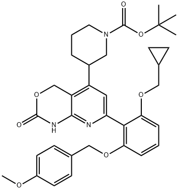 1-Piperidinecarboxylic acid, 3-[7-[2-(cyclopropylmethoxy)-6-[(4-methoxyphenyl)methoxy]phenyl]-1,4-dihydro-2-oxo-2H-pyrido[2,3-d][1,3]oxazin-5-yl]-, 1,1-dimethylethyl ester Structure