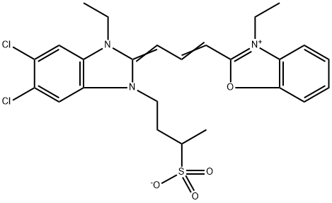 2-[3-[5,6-dichloro-1-ethyl-1,3-dihydro-3-(3-sulphonatobutyl)-2H-benzimidazol-2-ylidene]prop-1-enyl]-3-ethylbenzoxazolium Structure