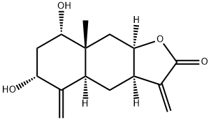 3a,4,4a,5,6,7,8,8a,9,9a-デカヒドロ-6,8-ジヒドロキシ-8a-メチル-3,5-ビス(メチレン)ナフト[2,3-b]フラン-2(3H)-オン 化学構造式