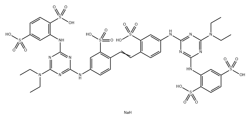 2,2'-[1,2-エテンジイルビス[(3-スルホ-4,1-フェニレン)イミノ[6-(ジエチルアミノ)-1,3,5-トリアジン-4,2-ジイル]イミノ]]ビス(1,4-ベンゼンジスルホン酸)ヘキサナトリウム 化学構造式