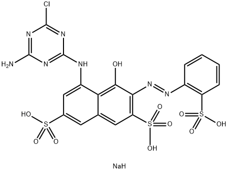 trisodium 5-[(4-amino-6-chloro-1,3,5-triazin-2-yl)amino]-4-hydroxy-3-[(2-sulphonatophenyl)azo]naphthalene-2,7-disulphonate Struktur