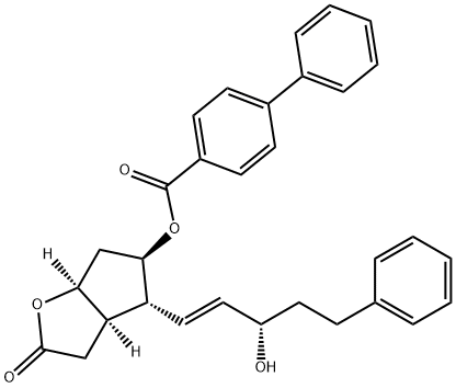 [1,1'-Biphenyl]-4-carboxylic acid, (3aR,4R,5R,6aS)-hexahydro-4-[(1E,3S)-3-hydroxy-5-phenyl-1-pentenyl] -2-oxo-2H-cyclopenta[b]furan-5-yl ester 化学構造式