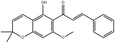 (2E)-1-(5-ヒドロキシ-7-メトキシ-2,2-ジメチル-2H-1-ベンゾピラン-6-イル)-3-フェニル-2-プロペン-1-オン 化学構造式