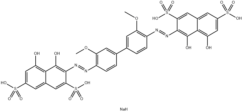 3,3'-[(3,3'-ジメトキシ-1,1'-ビフェニル-4,4'-ジイル)ビス(アゾ)]ビス[4,5-ジヒドロキシ-2,7-ナフタレンジスルホン酸]四ナトリウム 化学構造式