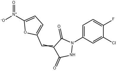 (E)-1-(3-chloro-4-fluorophenyl)-4-((5-nitrofuran-2-yl)Methylene)pyrazolidine-3,5-dione Struktur