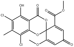 6,8-Dichloro-5-hydroxy-6'-methoxy-7-methyl-4,4'-dioxospiro[4H-1,3-benzodioxin-2,1'-[2,5]cyclohexadiene]-2'-carboxylic acid methyl ester Struktur