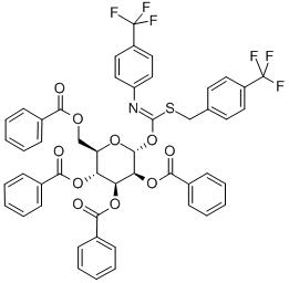 2,3,4,6-テトラ-O-ベンゾイル-α-D-グルコピラノシルp-トリフルオロメチルベンジルチオ-N-(p-トリフルオロメチルフェニル)ホルムイミダート 化学構造式