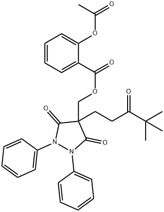 Benzoic acid, 2-(acetyloxy)-, (4-(4,4-dimethyl-3-oxopentyl)-3,5-dioxo- 1,2-diphenyl-4-pyrazolidinyl)methyl ester Structure