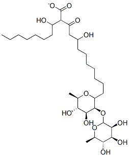 3-[[2-O-(6-デオキシ-α-L-マンノピラノシル)-6-デオキシ-α-L-マンノピラノシル]オキシ]デカン酸1-(カルボキシメチル)オクチル 化学構造式