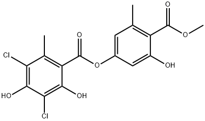 3,5-ジクロロ-2,4-ジヒドロキシ-6-メチル安息香酸3-ヒドロキシ-4-(メトキシカルボニル)-5-メチルフェニル 化学構造式