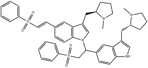 3-[[(2R)-1-メチル-2-ピロリジニル]メチル]-1-[1-[3-[[(2R)-1-メチル-2-ピロリジニル]メチル]-1H-インドール-5-イル]-2-(フェニルスルホニル)エチル]-5-[(1E)-2-(フェニルスルホニル)エテニル]- 化学構造式