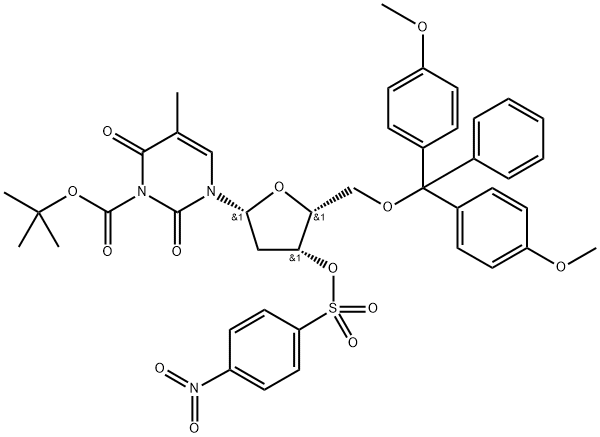 1-(2'-DEOXY-3'-O-(4-NITROBENZENESULFONYL)-5'-O-(4,4'-DIMETHOXYTRITYL)-BETA-D-THREO-PENTAFURANOSYL)-3-(TERT-BUTYLOXYCARBONYL)THYMINE Structure