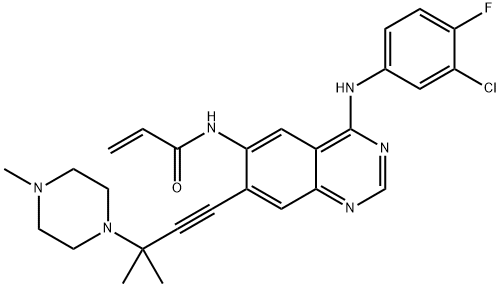 N-(4-((3-クロロ-4-フルオロフェニル)アミノ)-7-(3-メチル-3-(4-メチルピペラジン-1-イル)ブト-1-イン-1-イル)キナゾリン-6-イル)アクリルアミド 化学構造式