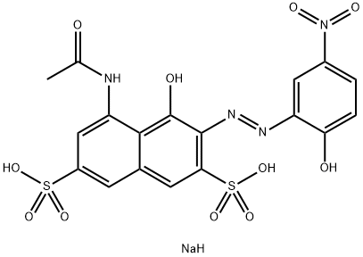 5-(アセチルアミノ)-4-ヒドロキシ-3-[(2-ヒドロキシ-5-ニトロフェニル)アゾ]-2,7-ナフタレンジスルホン酸二ナトリウム 化学構造式