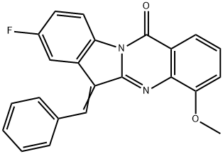 Indolo[2,1-b]quinazolin-12(6H)-one,  8-fluoro-4-methoxy-6-(phenylmethylene)- Structure