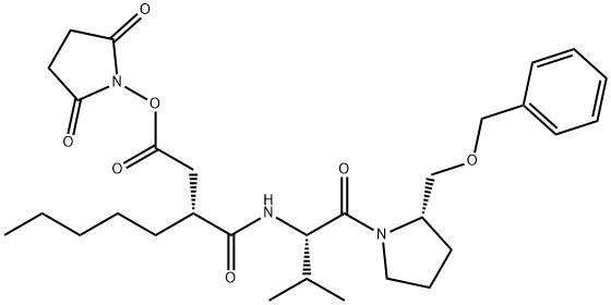 3-(R)-[1-(2-(S)-Benzyloxymethyl-pyrrolidine-1-carbonyl)-2-(S)-methyl-propylcarbamoyl)-octanoic Acid N-Hydroxysuccinimidyl Ester Struktur