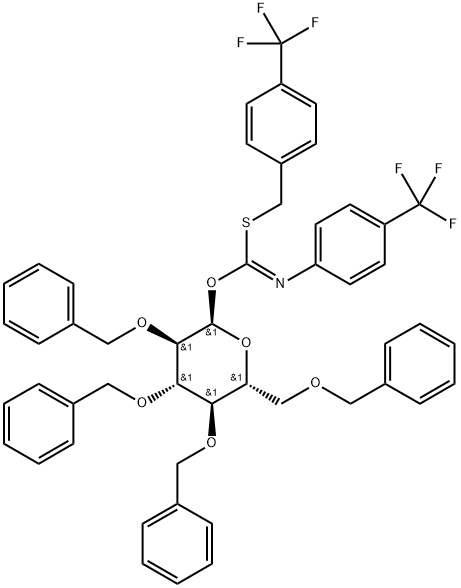2,3,4,6-テトラ-O-ベンジル-α-D-グルコピラノシル p-トリフルオロメチルベンジルチオ-N-(p-トリフルオロメチルフェニル)ホルムイミダート 化学構造式