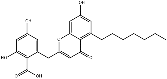 2-[(5-Heptyl-7-hydroxy-4-oxo-4H-1-benzopyran-2-yl)methyl]-4,6-dihydroxybenzoic acid Struktur