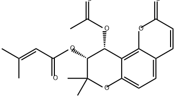 3-メチル-2-ブテン酸(9R,10R)-10-アセトキシ-9,10-ジヒドロ-8,8-ジメチル-2-オキソ-2H,8H-ベンゾ[1,2-b:3,4-b']ジピラン-9-イル 化学構造式