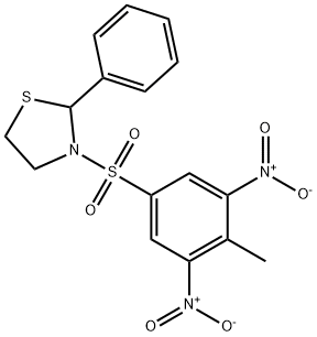 Thiazolidine, 3-[(4-methyl-3,5-dinitrophenyl)sulfonyl]-2-phenyl- (9CI) 结构式