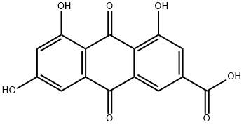 4,5,7-トリヒドロキシ-9,10-ジヒドロ-9,10-ジオキソアントラセン-2-カルボン酸 化学構造式
