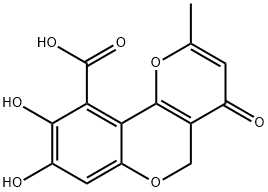 8,9-ジヒドロキシ-2-メチル-4-オキソ-4H,5H-ピラノ[3,2-c][1]ベンゾピラン-10-カルボン酸 化学構造式
