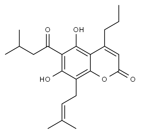 4-Propyl-5,7-dihydroxy-6-(3-methylbutanoyl)-8-(3-methyl-2-butenyl)-2H-1-benzopyran-2-one Structure