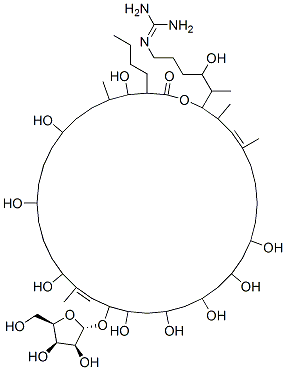 2-[5-[(4E,20E)-35-butyl-19-[(2S,3S,4R,5R)-3,4-dihydroxy-5-(hydroxymethyl)oxolan-2-yl]oxy-10,12,14,16,18,22,26,30,34-nonahydroxy-3,5,21,33-tetramethyl-36-oxo-1-oxacyclohexatriaconta-4,20-dien-2-yl]-4-hydroxy-hexyl]guanidine Structure