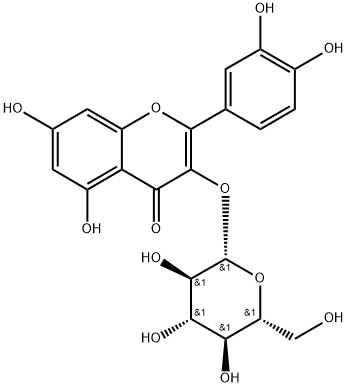 2-(3,4-ジヒドロキシフェニル)-3-(β-D-グルコピラノシルオキシ)-5,7-ジヒドロキシ-4H-1-ベンゾピラン-4-オン 化学構造式