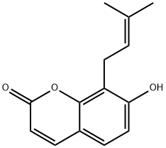 7-ヒドロキシ-8-(3-メチル-2-ブテニル)-2H-1-ベンゾピラン-2-オン 化学構造式