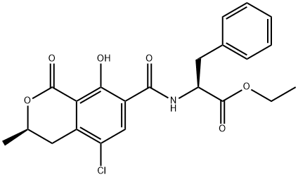 N-[[(R)-5-クロロ-3,4-ジヒドロ-8-ヒドロキシ-3-メチル-1-オキソ-1H-2-ベンゾピラン-7-イル]カルボニル]-L-フェニルアラニンエチル 化学構造式