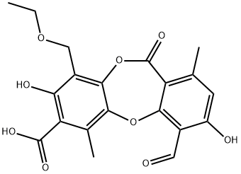 9-ethoxymethyl-4-formyl-3,8-dihydroxy-1,6-dimethyl-11-oxodibenzo[b,e][1,4]dioxepin-7-carboxylic acid  Struktur