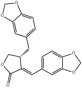 (R)-4,5-ジヒドロ-4-(1,3-ベンゾジオキソール-5-イルメチル)-3-[(E)-1,3-ベンゾジオキソール-5-イルメチレン]フラン-2(3H)-オン 化学構造式