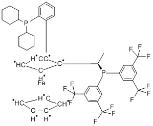 (R)‐1‐[(R)‐2‐(2′‐ジシクロヘキシルホスフィノフェニル)フェロセニル]エチルビス(ジ‐3,5‐トリフルオロメチルフェニル)ホスフィン 化学構造式