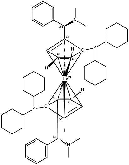 (ΑR,ΑR)-2,2'-双(Α-N,N-二甲氨苯甲基)-(S,S)-1,1′-双(二环己磷氢)二茂铁,494227-35-9,结构式