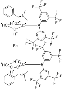 (ΑR,ΑR)‐2,2′‐ビス(Α‐N,N‐ジメチルアミノフェニルメチル)‐(S,S)‐1,1′‐ビス[ビス‐(ジ‐3,5‐トリフルオロメチルフェニル)ホスフィノ]フェロセン 化学構造式