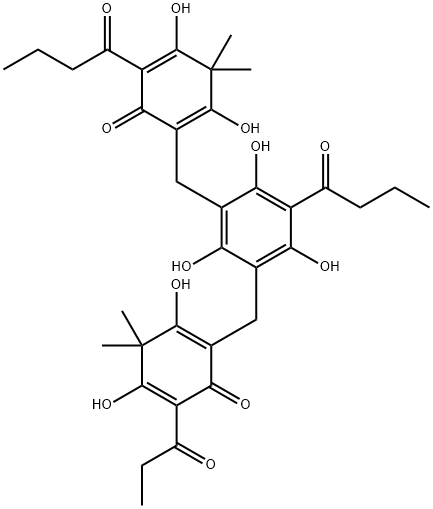 49582-09-4 2-[[3-[[2,4-Dihydroxy-3,3-dimethyl-6-oxo-5-(1-oxobutyl)-1,4-cyclohexadien-1-yl]methyl]-2,4,6-trihydroxy-5-(1-oxobutyl)phenyl]methyl]-3,5-dihydroxy-4,4-dimethyl-6-(1-oxopropyl)-2,5-cyclohexadien-1-one