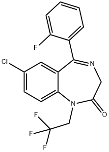 7-クロロ-5-(2-フルオロフェニル)-1,3-ジヒドロ-1-(2,2,2-トリフルオロエチル)-2H-1,4-ベンゾジアゼピン-2-オン 化学構造式