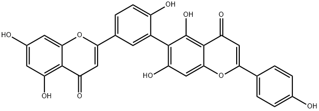 2-(4-ヒドロキシフェニル)-5,7-ジヒドロキシ-6-[2-ヒドロキシ-5-(5,7-ジヒドロキシ-4-オキソ-4H-1-ベンゾピラン-2-イル)フェニル]-4H-1-ベンゾピラン-4-オン 化学構造式
