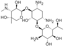 4-O-(2-アミノ-2,7-ジデオキシ-α-D-glycero-D-gluco-ヘプトピラノシル)-6-O-[4-C-メチル-3-(メチルアミノ)-3-デオキシ-β-L-アラビノピラノシル]-2-デオキシ-D-ストレプタミン 化学構造式