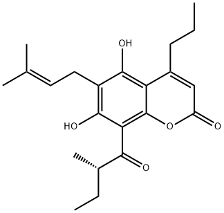 4-プロピル-5,7-ジヒドロキシ-6-(3-メチル-2-ブテニル)-8-(2-メチルブチリル)-2H-1-ベンゾピラン-2-オン 化学構造式