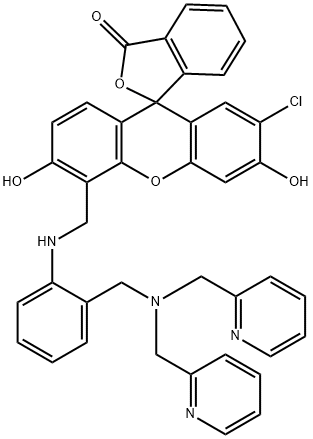 9-(2-カルボキシフェニル)-2-クロロ-5-[{2-(ジ(2-ピリジル)アミノメチル)フェニル}アミノメチル]-6-ヒドロキシ-3-キサンタノン Zinpyr-4ジンピル-4 化学構造式