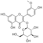 3-(β-D-グルコピラノシルオキシ)-5,7-ジヒドロキシ-2-(4-ヒドロキシ-3-メトキシフェニル)-4H-1-ベンゾピラン-4-オン 化学構造式